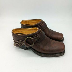 Frye Womens Brown Belted Harness Leather Oil Resistance Slip On Mule Heels Sz 6M
